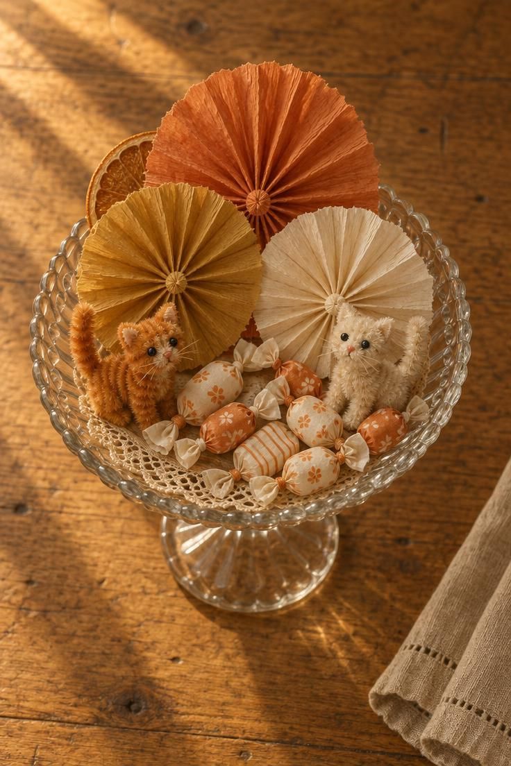 13 Charming Vintage Halloween Decor Ideas for Warmth 1 Overhead view of a pressed-glass compote holding fanned paper rosettes, chenille cats, and wrapped candies on a warm oak table.