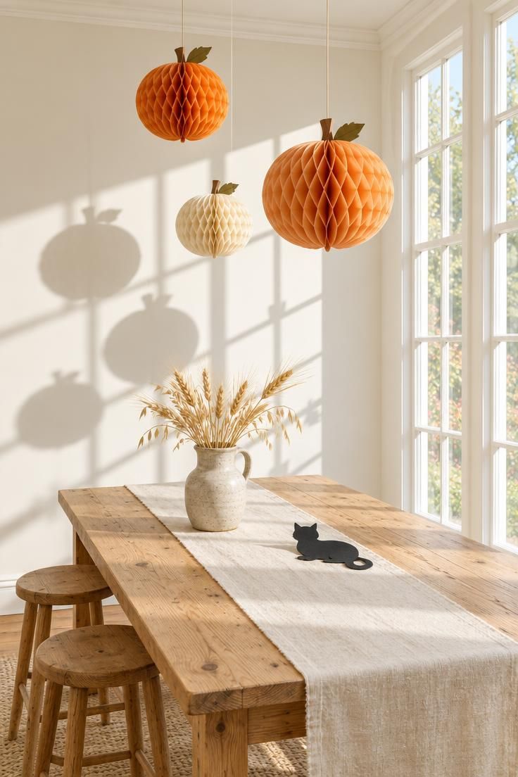 13 Charming Vintage Halloween Decor Ideas for Warmth 3 Three honeycomb tissue pumpkins hung at staggered heights above a pine table in a bright ivory-walled dining area.