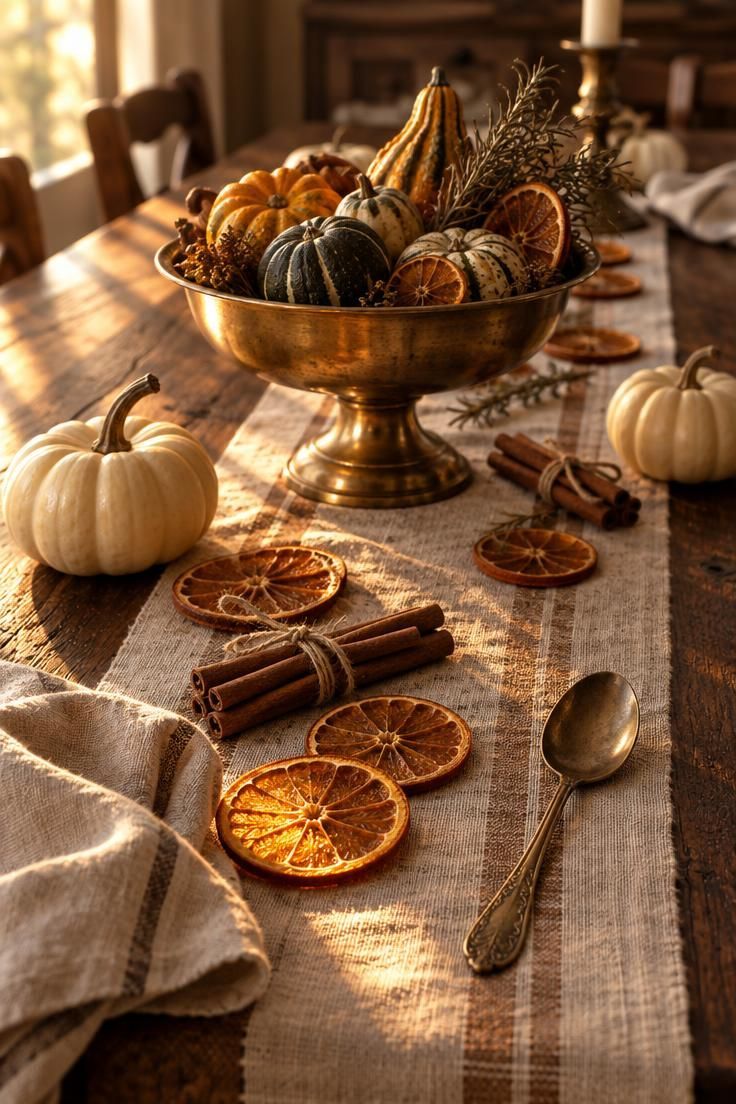 13 Charming Vintage Halloween Decor Ideas for Warmth 4 Grain-sack runner on a dark wood table with dried orange slices, cinnamon bundles, and a brass compote of small gourds.