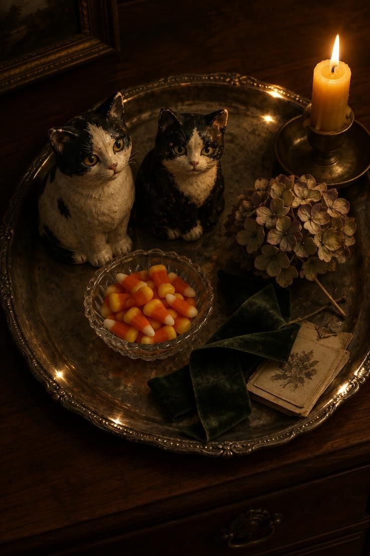 13 Charming Vintage Halloween Decor Ideas for Warmth 5 Overhead view of a tarnished silver tray holding two chalkware cats and a glass dish of candy corn on a dark sideboard.