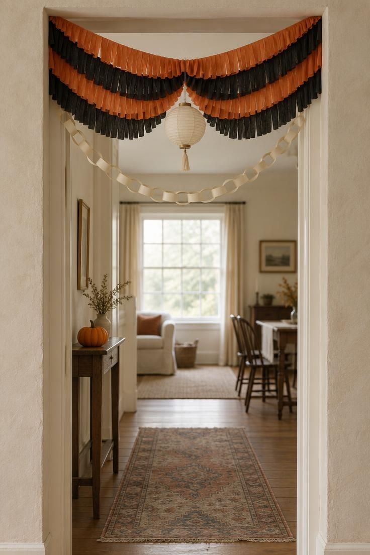 13 Charming Vintage Halloween Decor Ideas for Warmth 6 Layered orange and black crepe-paper fringe swag across a wide doorway with a small cream lantern at the center.