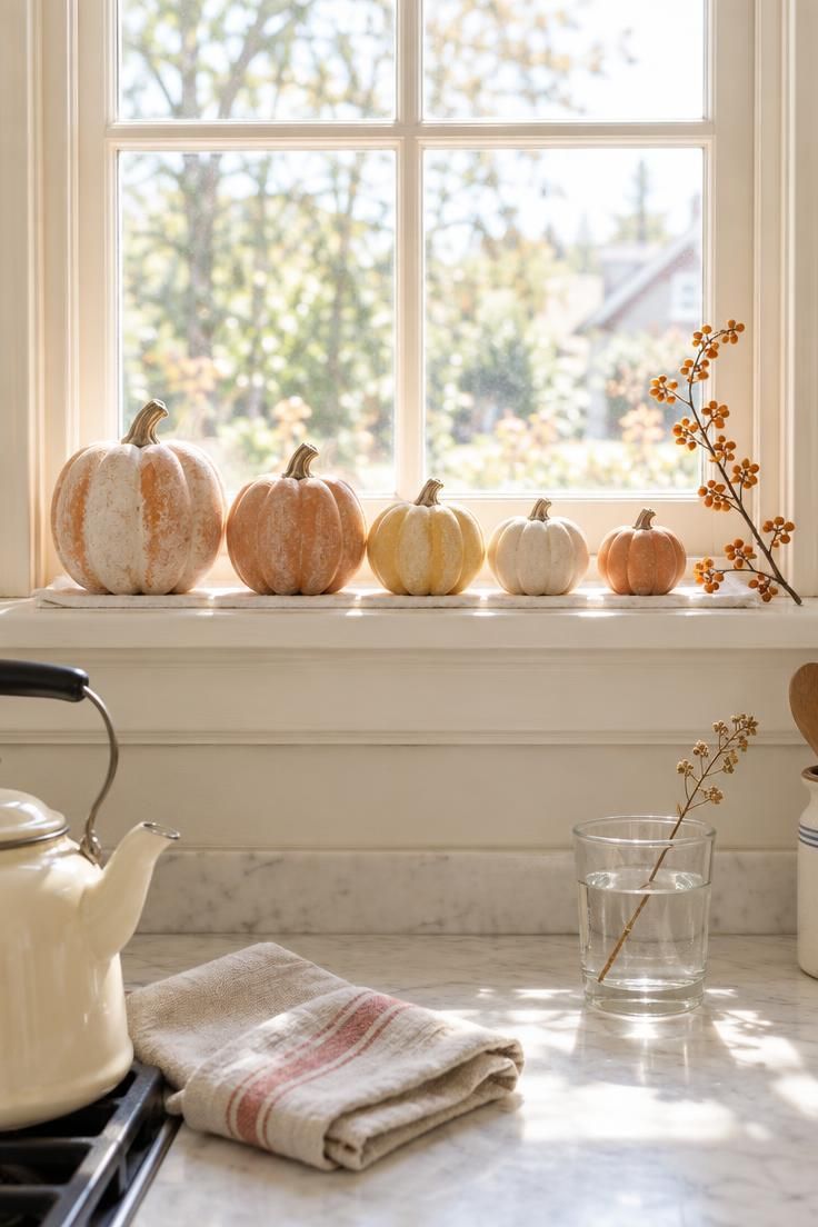 13 Charming Vintage Halloween Decor Ideas for Warmth 7 Five small chalkware pumpkins in a row on a bright kitchen windowsill with dried bittersweet at one end.