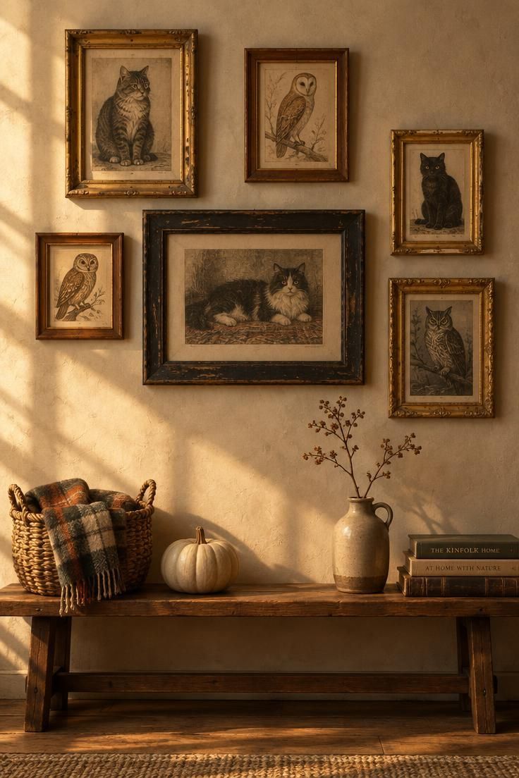 13 Charming Vintage Halloween Decor Ideas for Warmth 8 Loose cluster of mismatched gold and wood frames holding cat and owl prints above a low wooden bench.