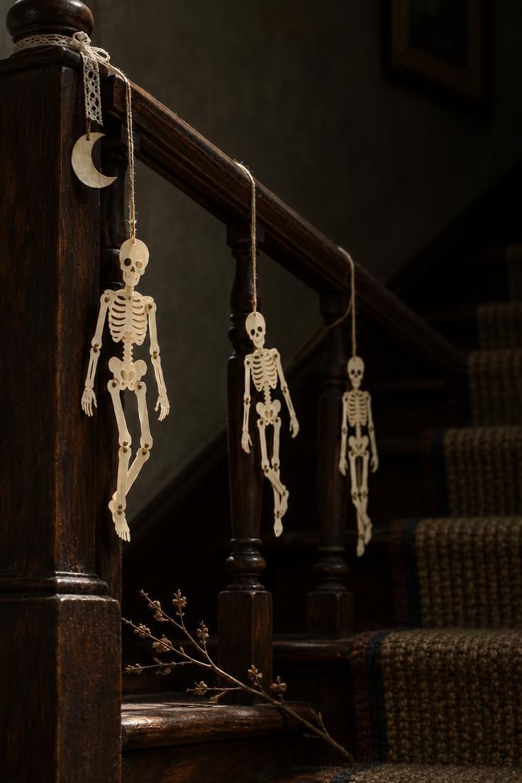 13 Charming Vintage Halloween Decor Ideas for Warmth 9 Three jointed paper skeletons hanging at uneven intervals from a dark wood stair rail under low moody light.