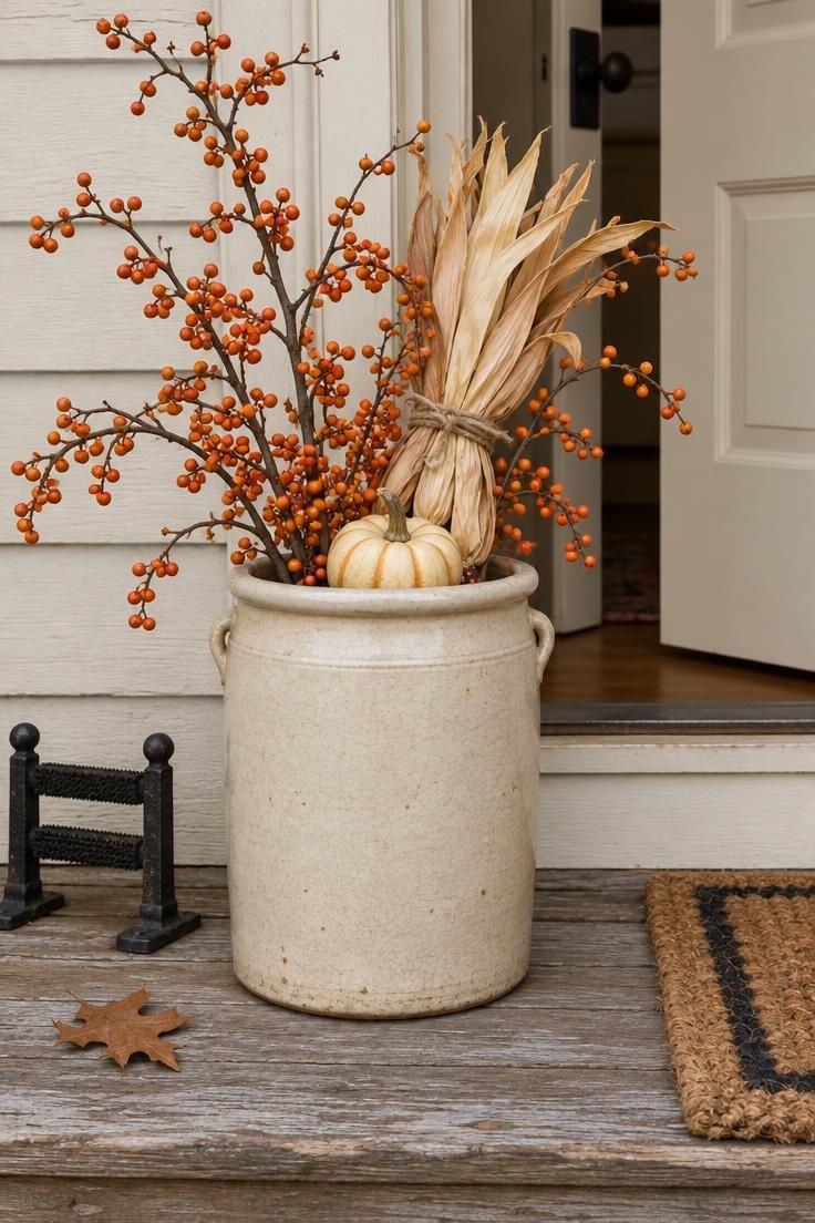 13 Charming Vintage Halloween Decor Ideas for Warmth 10 Stoneware crock on a porch step holding bittersweet branches and dried corn husks with a pale pumpkin at the base.
