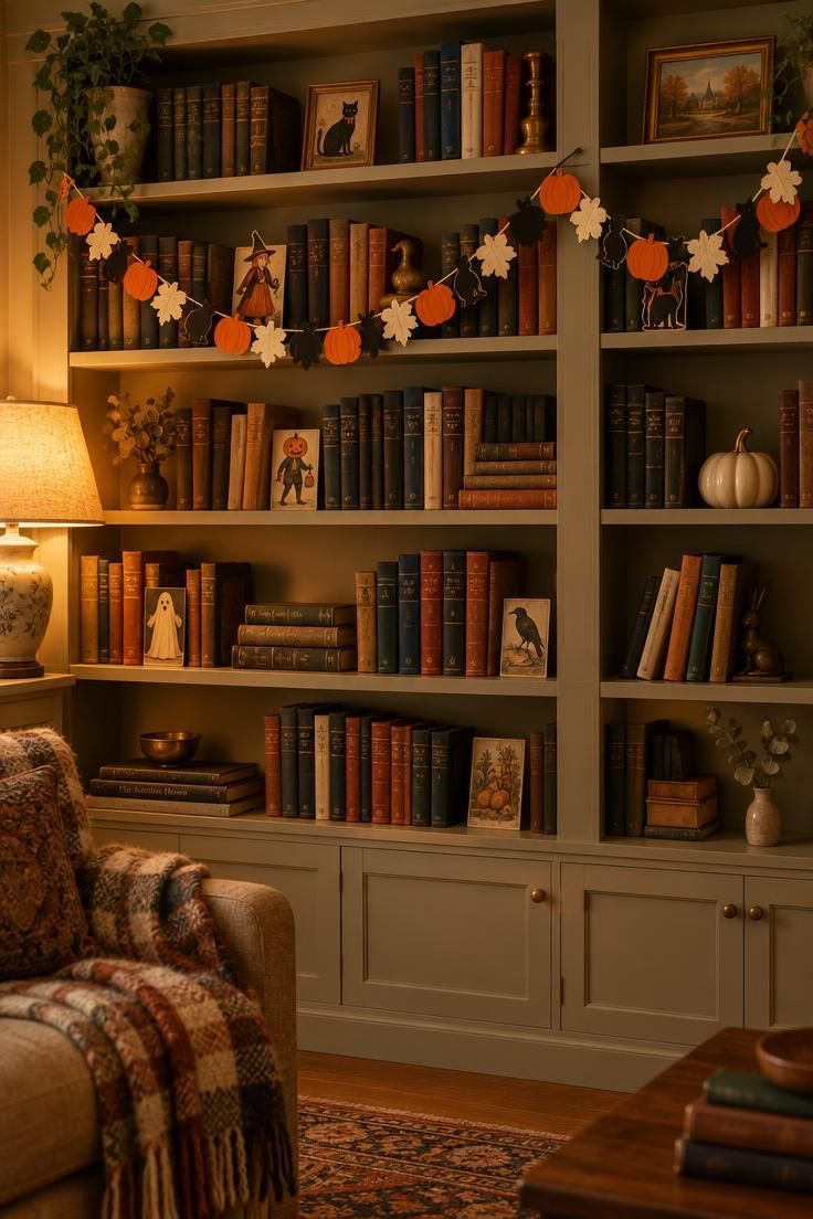 13 Charming Vintage Halloween Decor Ideas for Warmth 11 Die-cut paper garland swagged in three shallow drops across a built-in bookcase with printed figures tucked between books.