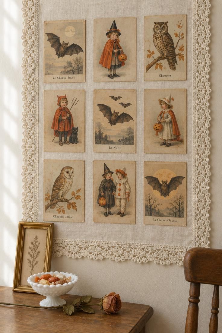 13 Charming Vintage Halloween Decor Ideas for Warmth 12 Cream cloth panel with lace trim holding a tight grid of small vintage-style postcard prints on a pale wall.