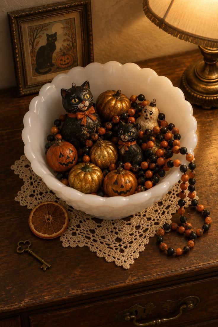 13 Charming Vintage Halloween Decor Ideas for Warmth 13 Milk-glass bowl on an antique dresser filled with small vintage Halloween ornaments and a beaded garland.