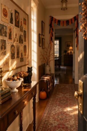 Warm hallway with a pinned postcard board, a console of ornaments and dried citrus, and a crepe-paper fringe swag over the far doorway.