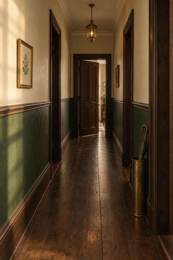 13 Vintage Hallway Looks for a Plain, Unfinished Wall 1 Narrow hallway with deep green lower walls and cream upper walls divided by a dark wood dado rail, with a small framed botanical print, an antique brass umbrella stand, and bare dark wood floor.