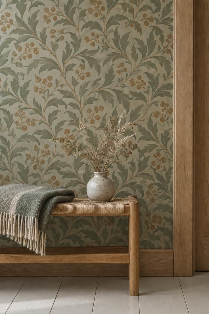 13 Vintage Hallway Looks for a Plain, Unfinished Wall 3 Hallway wall with sage and ochre Morris-style botanical wallpaper framed by a light oak door casing, with a low oak bench, folded wool throw, and dried grasses below.