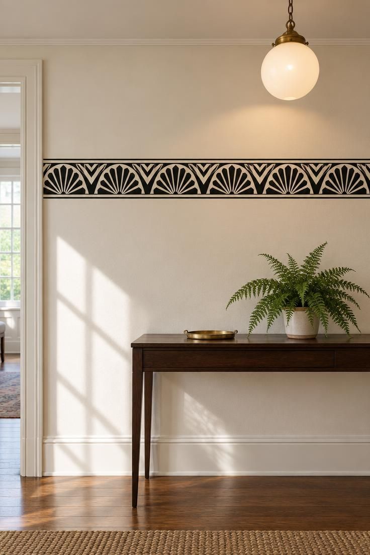 13 Vintage Hallway Looks for a Plain, Unfinished Wall 4 Hallway wall with a black-and-cream geometric Art Deco frieze band above plain warm white wall, an opal globe pendant, and a slim dark console with a brass tray and fern.