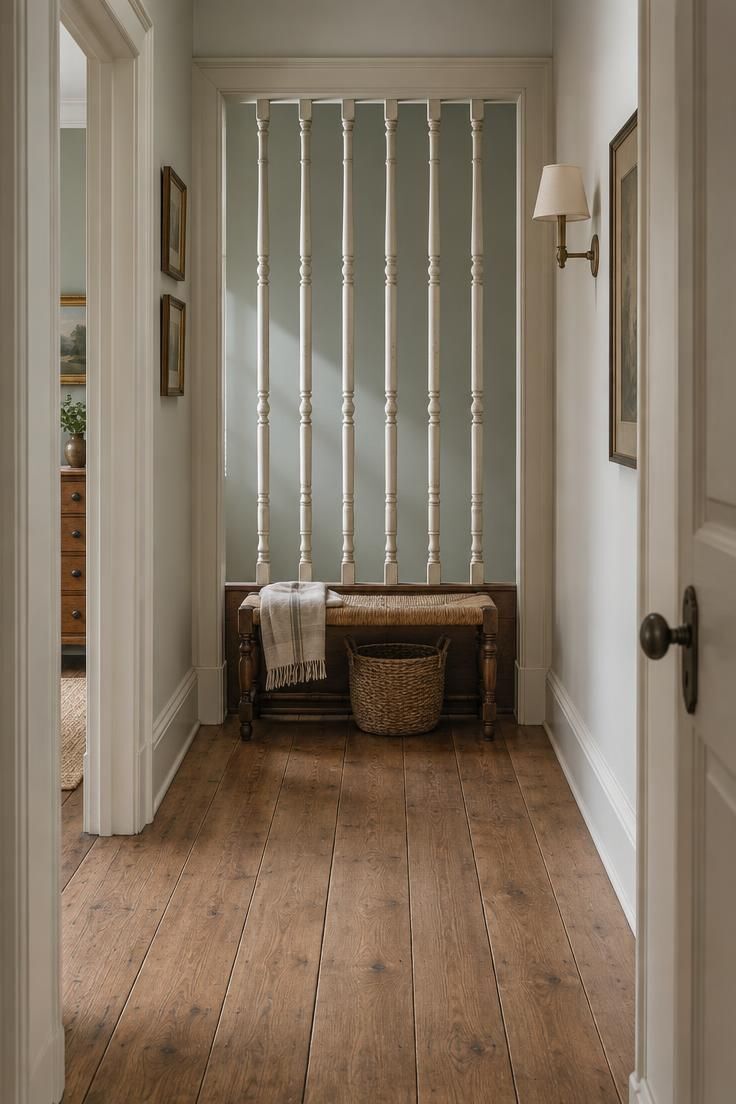 13 Vintage Hallway Looks for a Plain, Unfinished Wall 5 Long hallway view toward a cased opening with a turned spindle screen in aged off-white, a rush-seated bench with a linen throw and woven basket centered in front, gray-green wall behind.