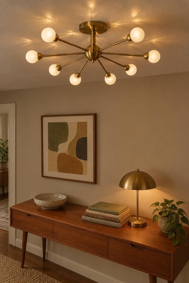 13 Vintage Hallway Looks for a Plain, Unfinished Wall 6 Mid-century sputnik brass flush mount with opal globes above a slim teak vintage console table holding a ceramic bowl, books, a brass lamp, and a small plant.