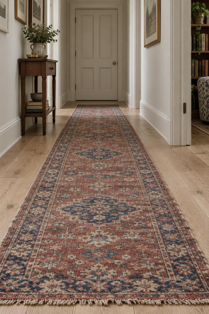 13 Vintage Hallway Looks for a Plain, Unfinished Wall 7 Long vintage patterned runner in faded reds, blues, and cream laid down the center of pale oak floorboards, with bare wood visible on each side and a paneled door at the far end.