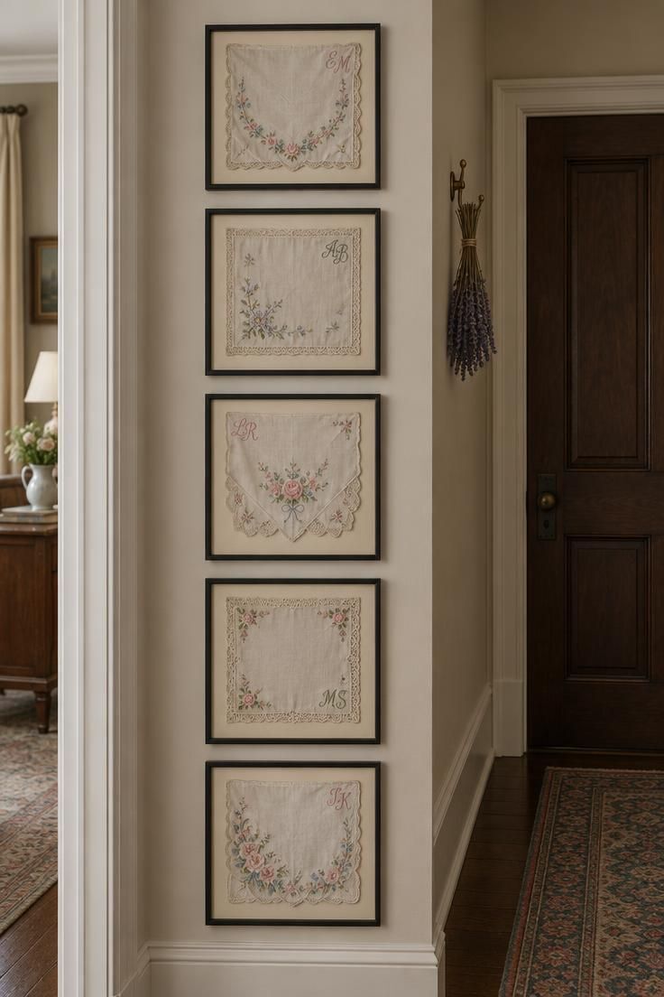 13 Vintage Hallway Looks for a Plain, Unfinished Wall 8 Vertical column of five vintage handkerchiefs framed in thin black frames with cream mats, showing faded floral embroidery and lace edges, with a small dried lavender bundle hanging beside them.