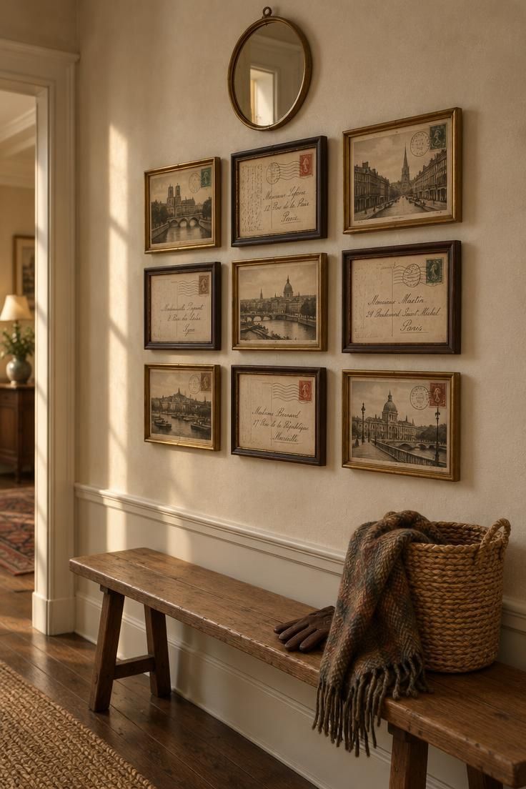 13 Vintage Hallway Looks for a Plain, Unfinished Wall 9 Narrow hallway wall with nine framed vintage postcards in a grid above a slim oak bench, a small round mirror centered above, and a woven jute basket on the bench.