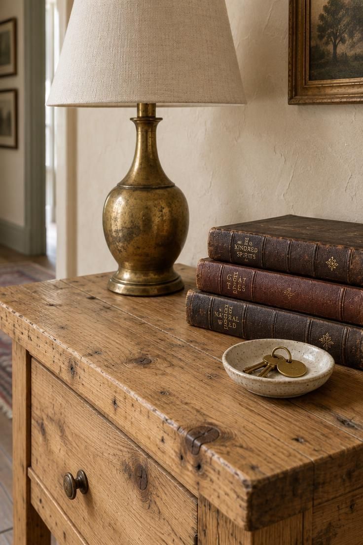 13 Vintage Hallway Looks for a Plain, Unfinished Wall 10 Rustic reclaimed wood vintage console table against pale plaster wall with a tarnished brass lamp, a stack of leather-bound books, and a small ceramic dish holding keys.