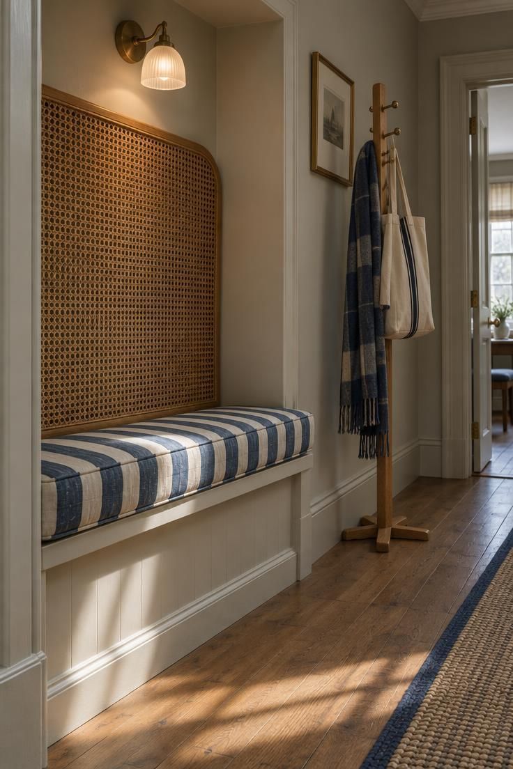 13 Vintage Hallway Looks for a Plain, Unfinished Wall 11 Hallway with a built-in niche bench fitted with a striped navy-and-cream awning-canvas cushion and cane back, with an oak coat rack and small frosted glass sconce.