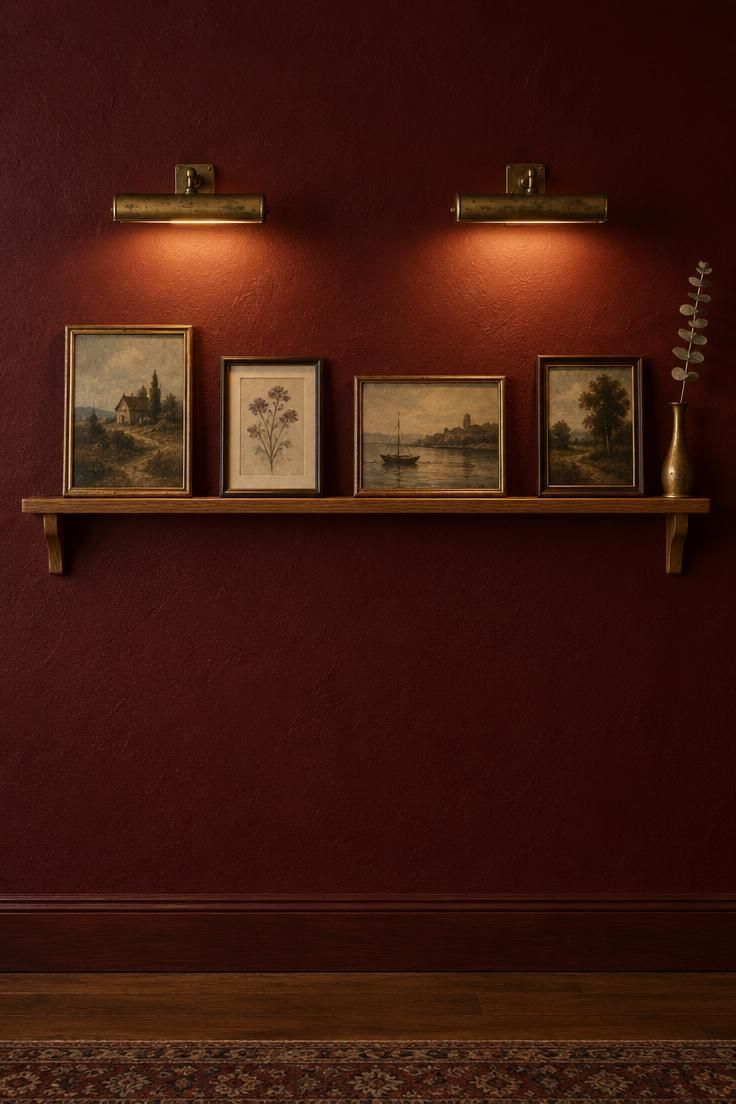 13 Vintage Hallway Looks for a Plain, Unfinished Wall 12 Deep oxblood hallway wall with a slim oak picture ledge holding four small framed paintings, lit by two unlacquered brass picture lights, with a brass vase and dried eucalyptus at one end.