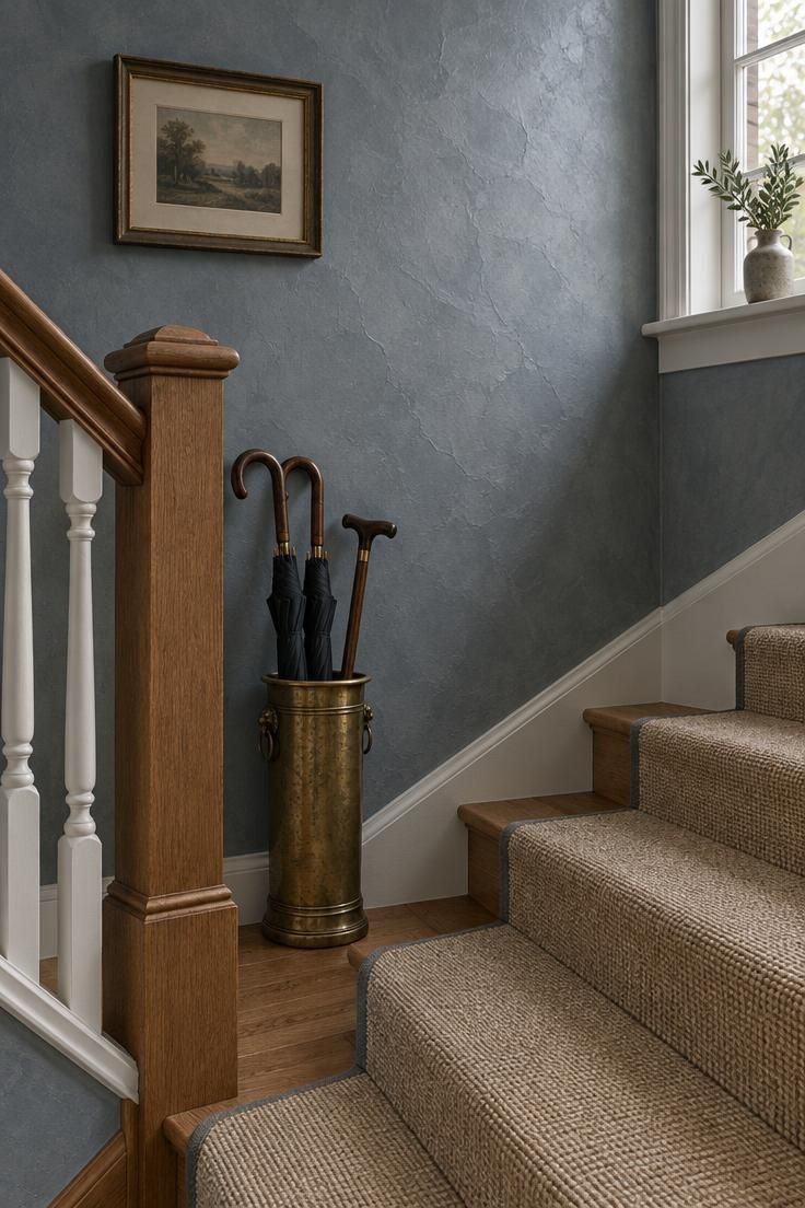 13 Vintage Hallway Looks for a Plain, Unfinished Wall 13 Stairwell wall finished in blue-gray plaster with an antique brass umbrella stand holding umbrellas and a cane near an oak newel and white balusters.