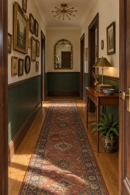 13 Vintage Hallway Looks for a Plain, Unfinished Wall Cozy vintage hallway with a faded Persian patterned runner on oak floorboards, deep green and cream walls divided by a wood dado rail, a scalloped brass antique mirror at the end, a teak vintage console table with a brass lamp, a mismatched gallery wall, a sputnik flush mount, and a potted fern.