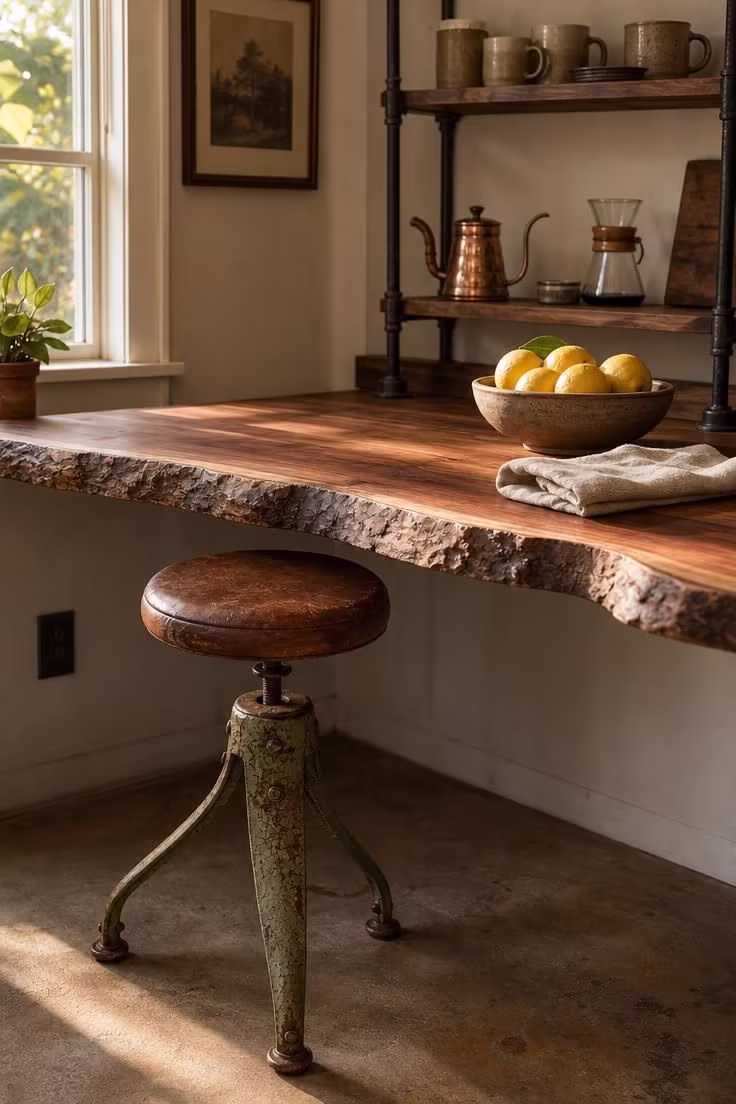 A weathered cast-iron factory stool with cracked olive paint beside a live-edge walnut kitchen counter in warm golden afternoon light.