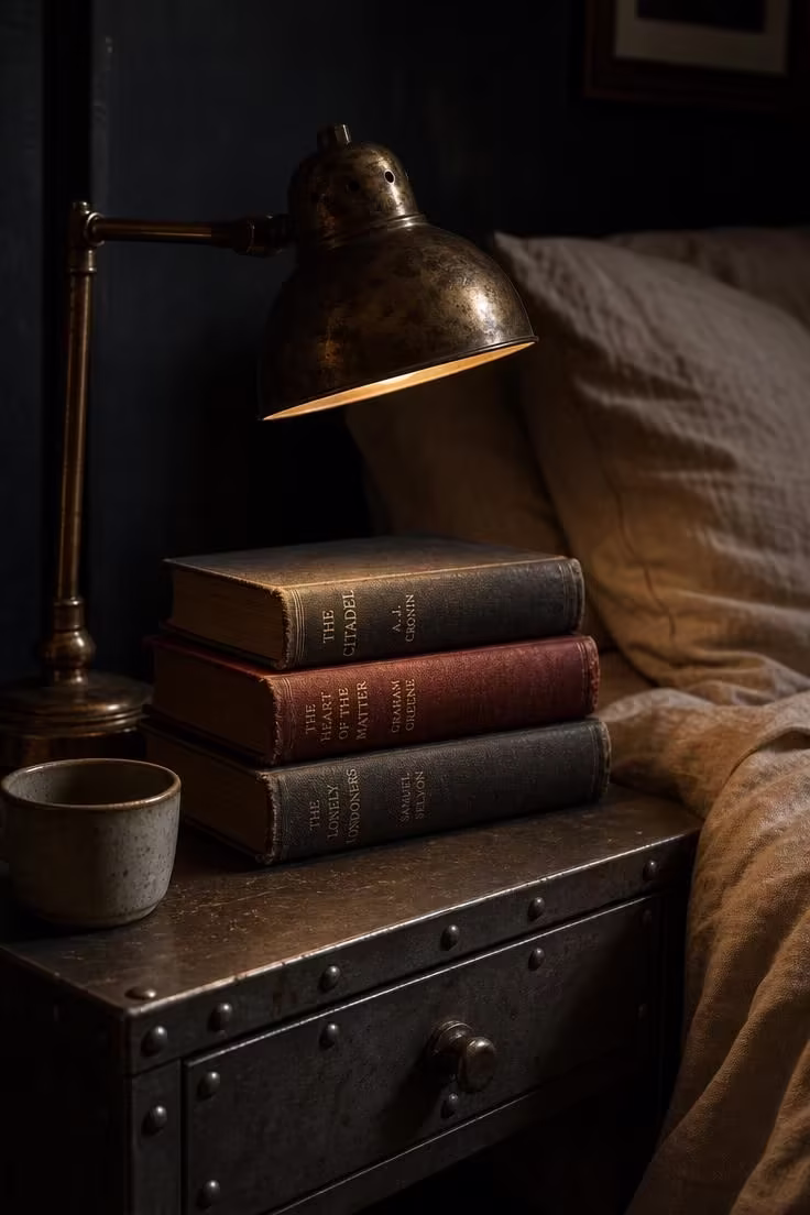 A tarnished brass pharmacy lamp casting warm light on old books atop a riveted steel nightstand in a moody bedroom.