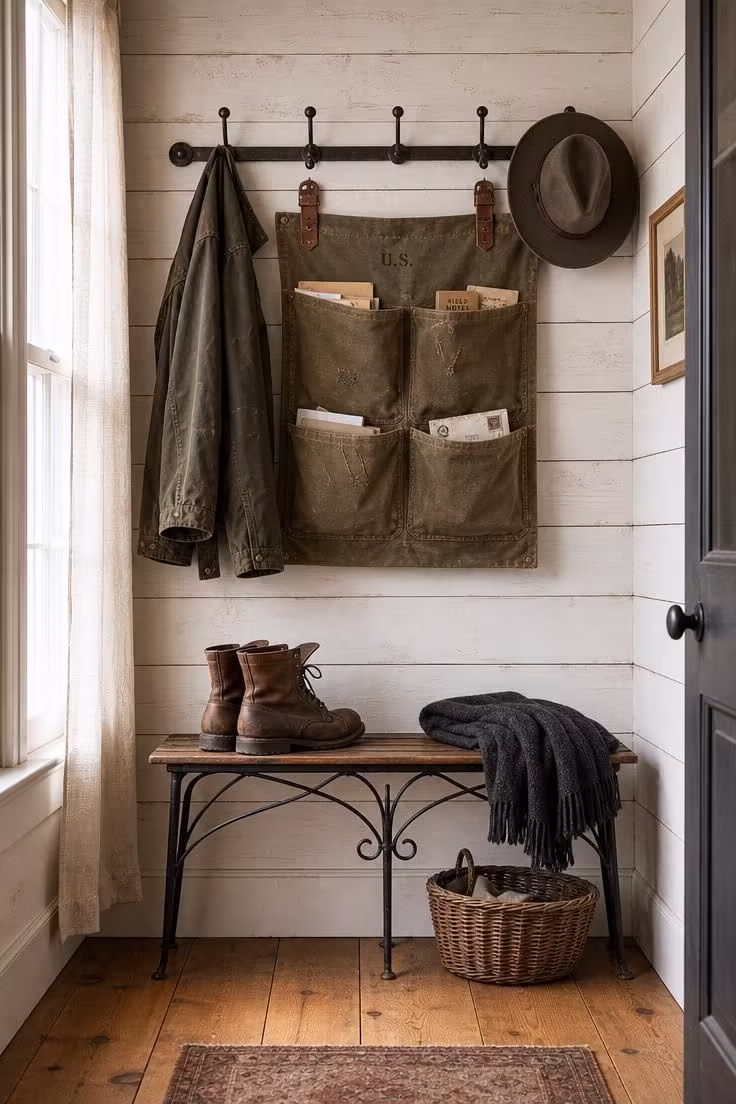 An aged canvas mail sorter with leather buckle straps on a whitewashed plank wall in a softly lit entryway.