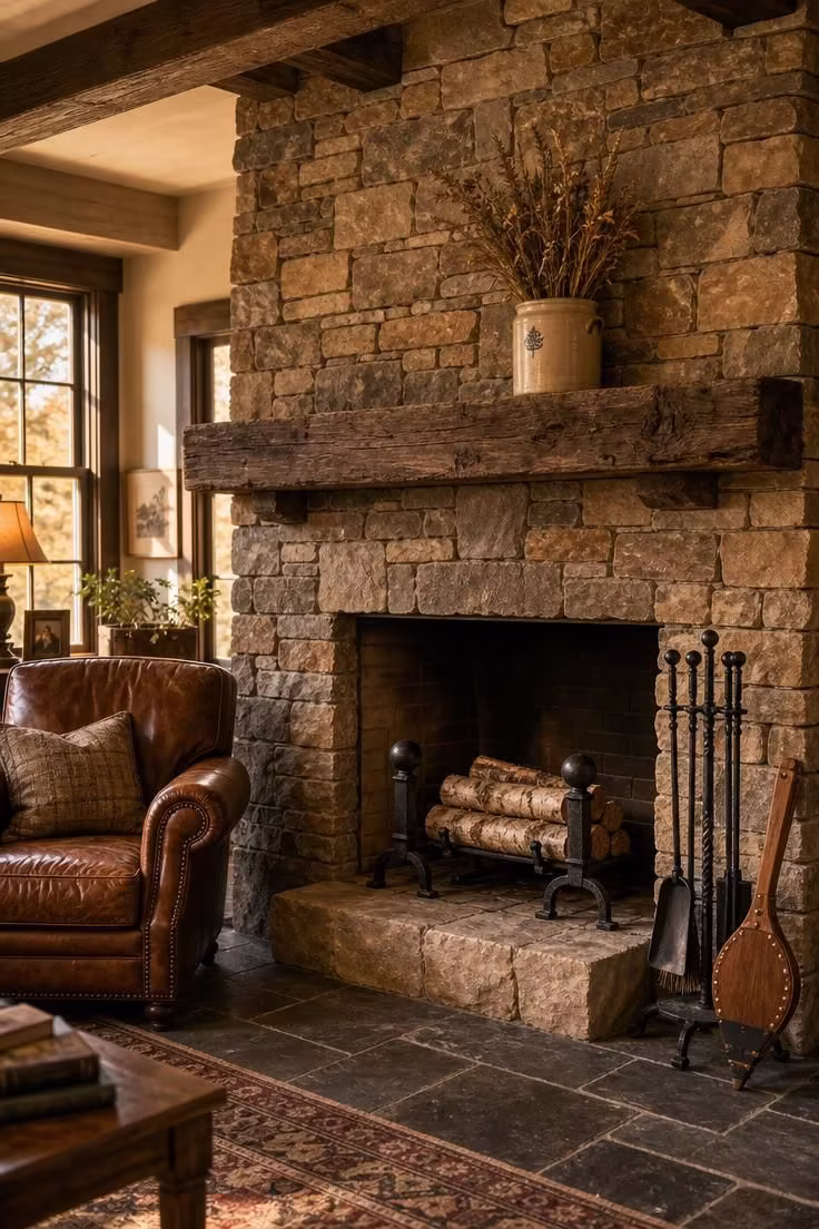 A stacked fieldstone fireplace with cast iron andirons and vintage leather bellows in warm golden living room light.