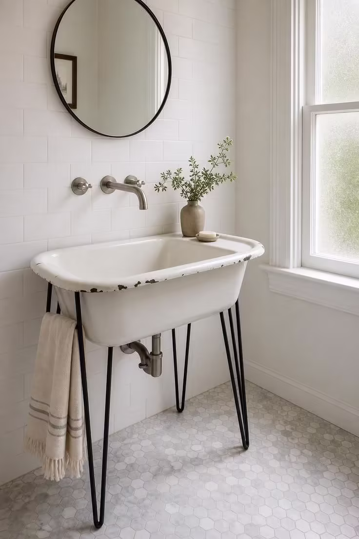A chipped white porcelain enamel basin on iron hairpin legs in a bright midday-lit bathroom with subway tile.
