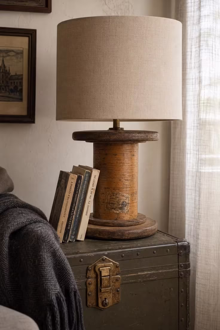 An antique wooden thread spool rewired as a table lamp on a dented olive metal trunk with soft diffused light.