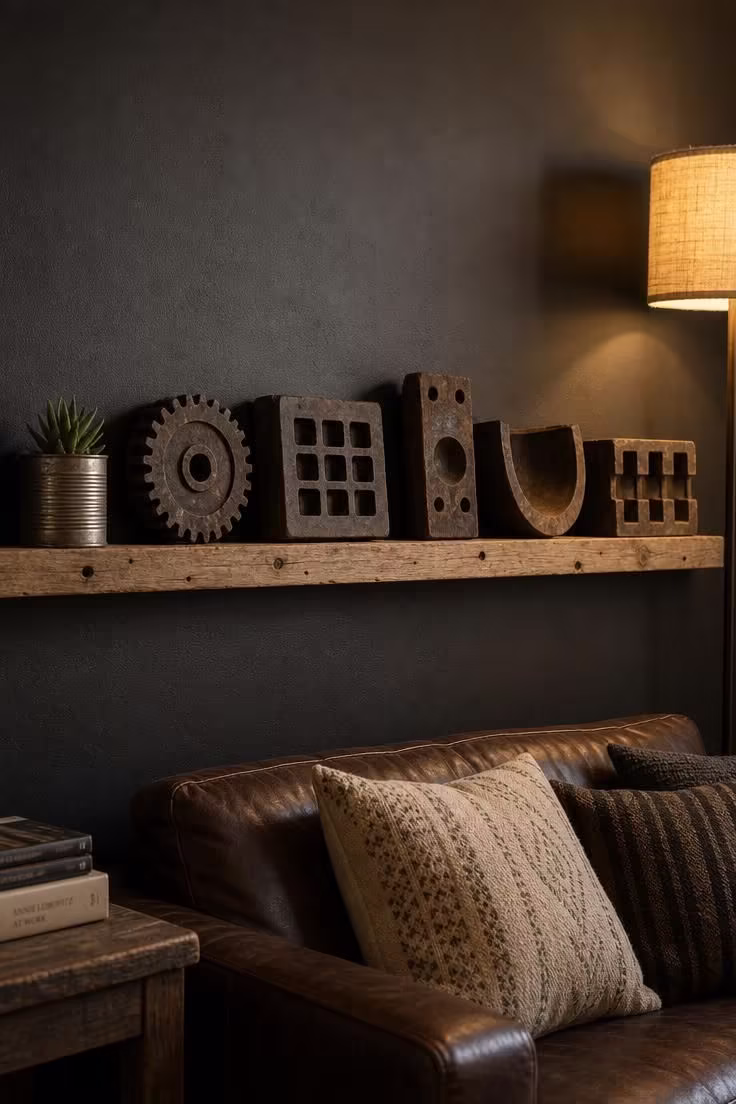 A row of salvaged cast iron and wooden foundry molds displayed on a raw pine ledge against a charcoal wall in warm side light.