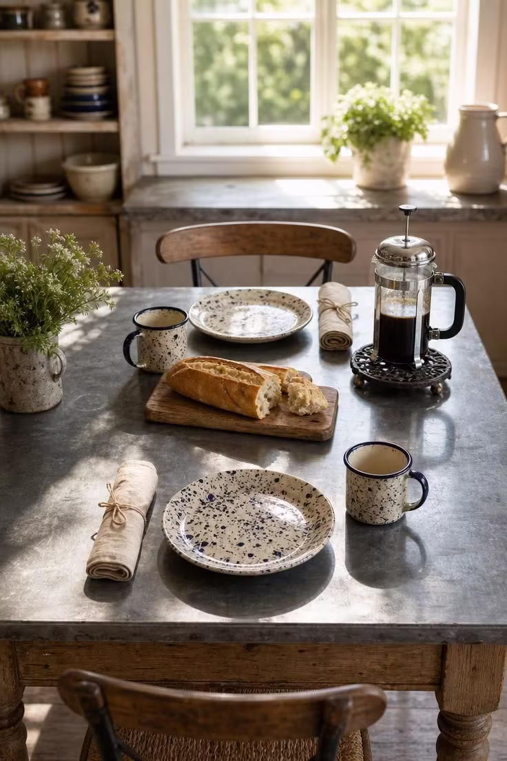 A zinc-topped work table set for breakfast with speckled enamelware and linen napkins in bright midday light.