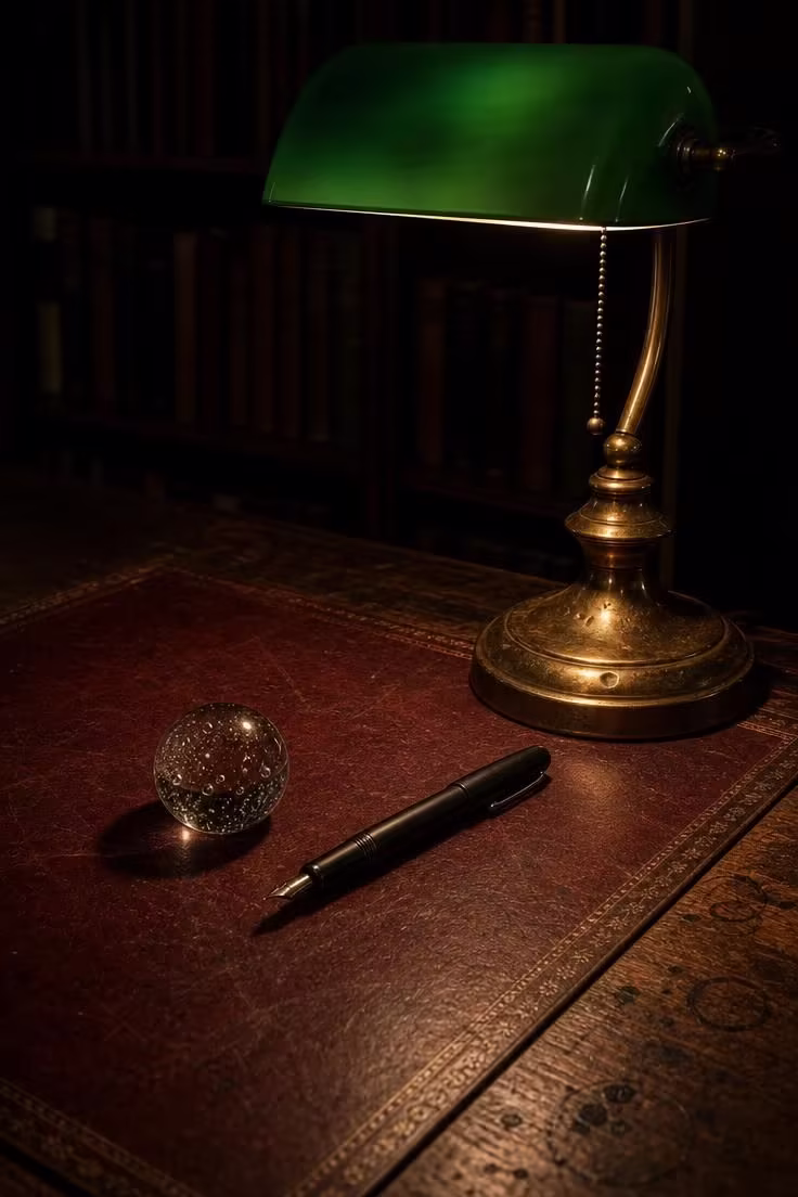 A brass banker's desk lamp with green glass shade casting warm light on an oxblood leather blotter in a moody home office.