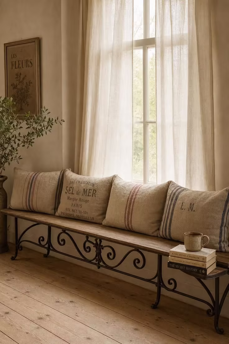 Grain sack cushions with faded stripe patterns on a wrought iron window seat bench in soft diffused light.