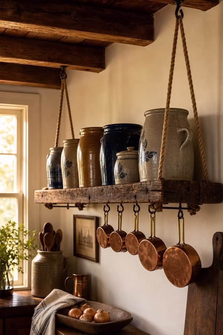 A ceiling-hung rope and plank shelf holding stoneware crocks and copper measuring cups in warm golden kitchen light.
