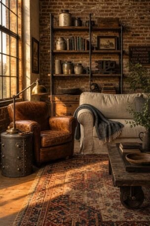 A collected vintage industrial living room with leather seating, exposed brick, iron shelving, and warm golden afternoon light.