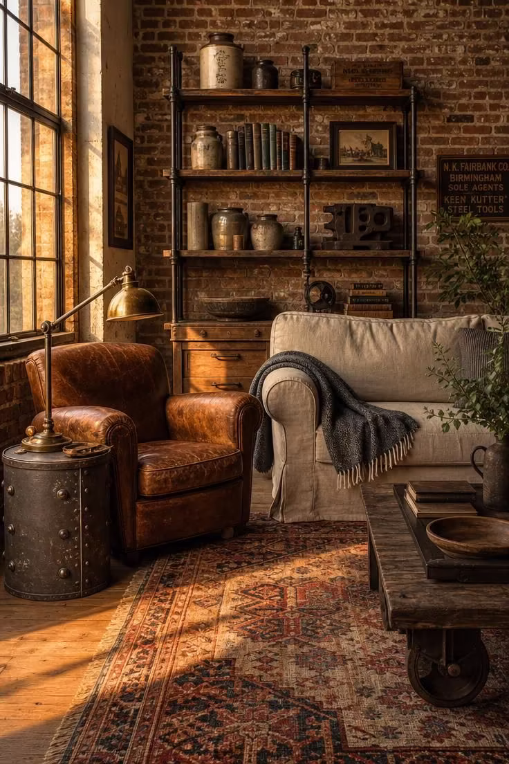 Simple Spaces 20 A collected vintage industrial living room with leather seating, exposed brick, iron shelving, and warm golden afternoon light.