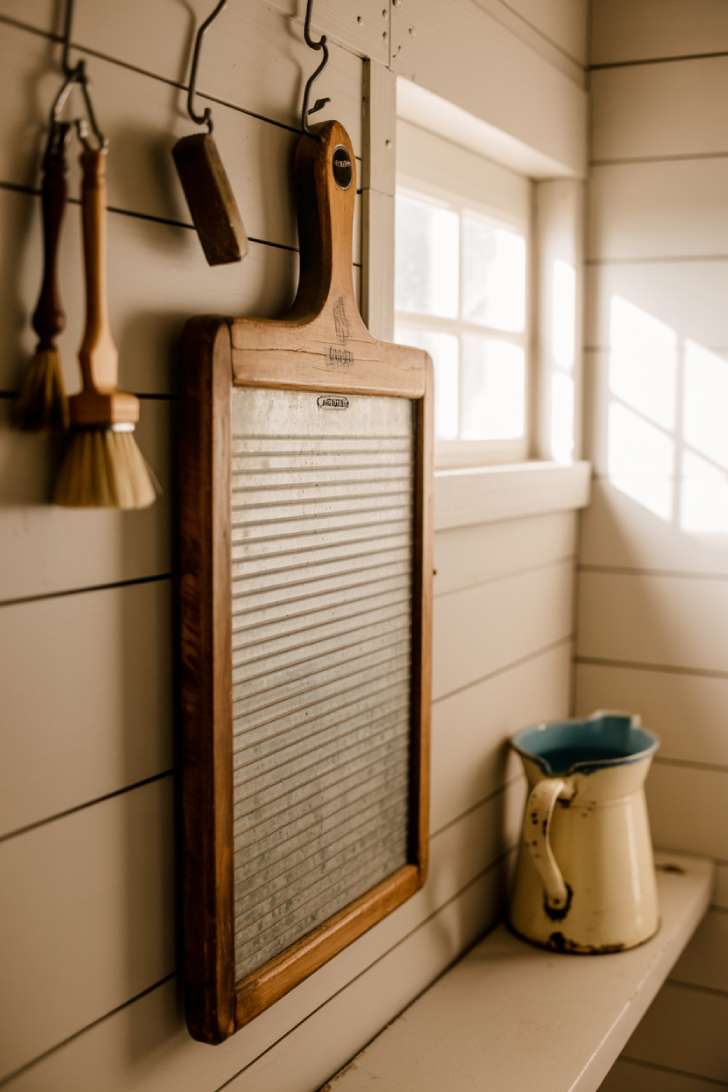 12 Timeless Vintage Laundry Room Decor Ideas to Steal Now 1 An antique wooden washboard displayed on a white shiplap laundry room wall with vintage enamelware and brushes