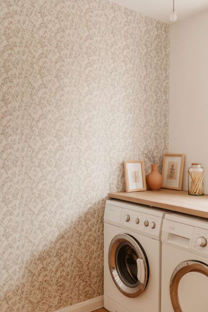 12 Timeless Vintage Laundry Room Decor Ideas to Steal Now 10 A small vintage laundry room with a dusty rose and sage green small-scale botanical floral wallpaper accent wall behind a stacked white washer and dryer