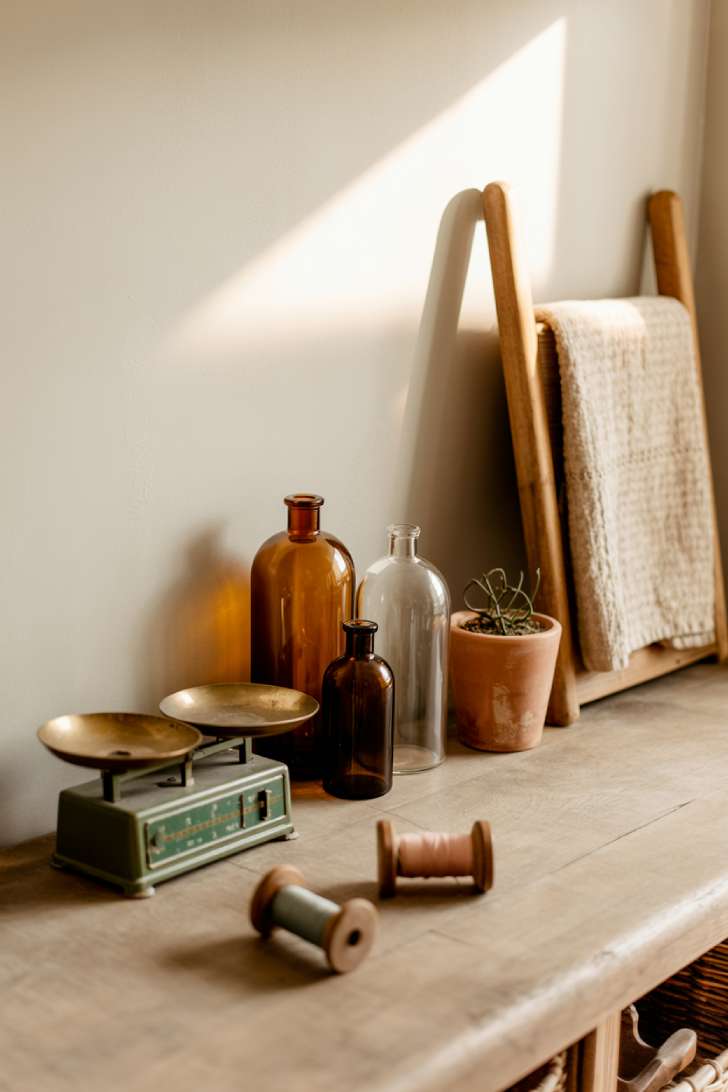 12 Timeless Vintage Laundry Room Decor Ideas to Steal Now 11 A vintage laundry room shelf vignette with an antique brass scale, amber glass bottles, terracotta pot, and wooden thread spools on a reclaimed wood shelf