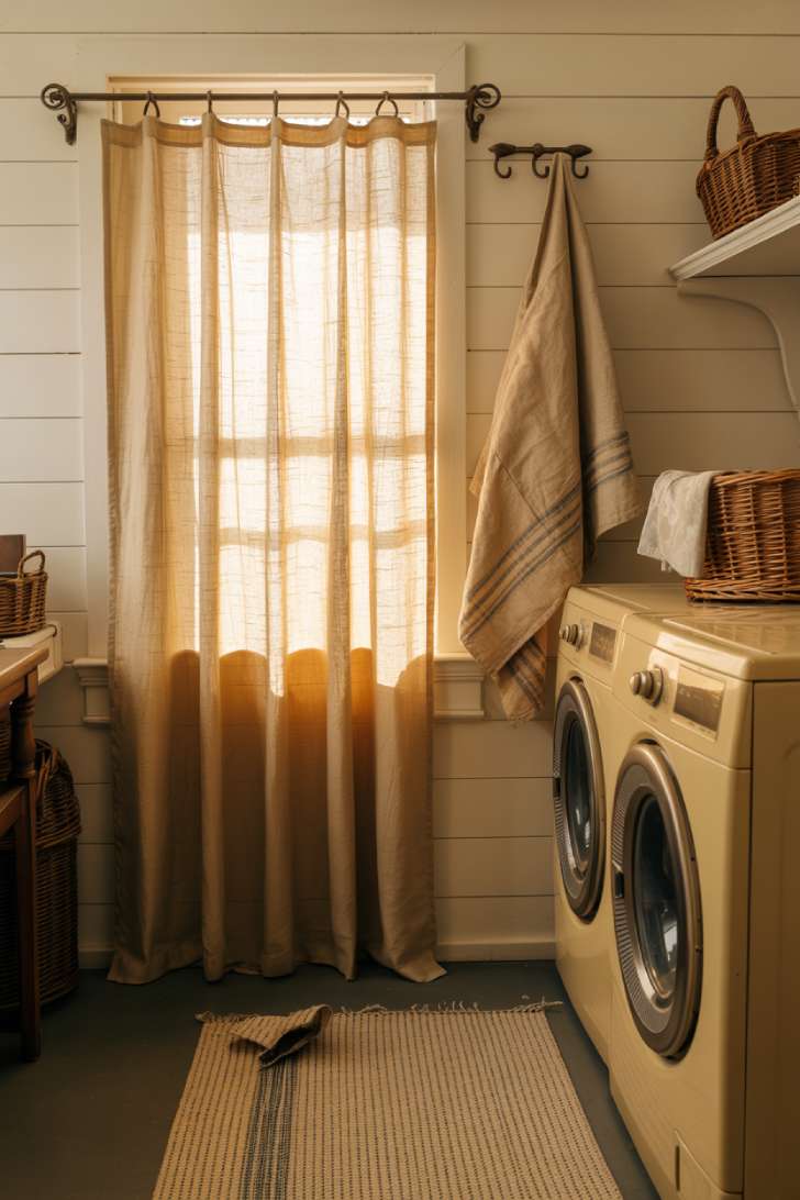 12 Timeless Vintage Laundry Room Decor Ideas to Steal Now 12 A vintage laundry room layered with linen curtains, a ticking stripe cotton rug, grain sack towels, and wicker baskets on white shiplap walls