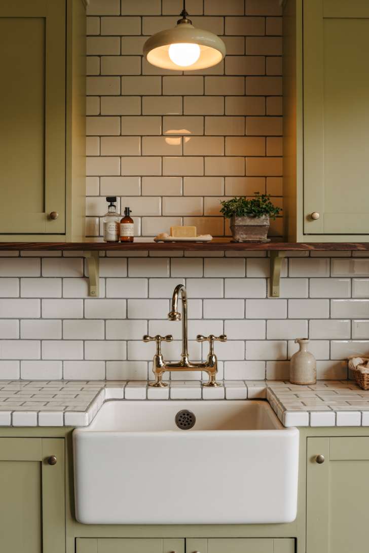 12 Timeless Vintage Laundry Room Decor Ideas to Steal Now 2 A deep fireclay apron-front farmhouse sink with brass bridge faucet and subway tile backsplash in a vintage laundry room