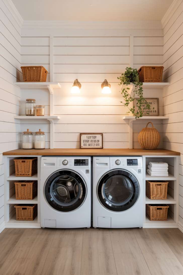 12 Timeless Vintage Laundry Room Decor Ideas to Steal Now 3 White shiplap walls in a cozy vintage laundry room with open wood shelving and wicker basket storage