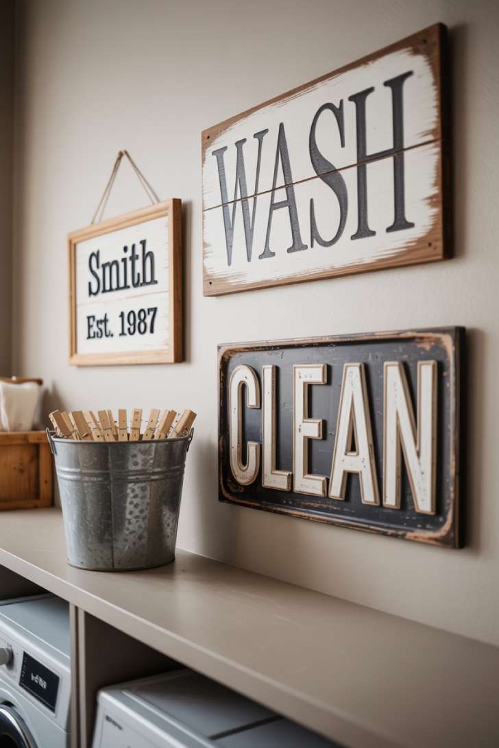 12 Timeless Vintage Laundry Room Decor Ideas to Steal Now 4 A grouping of distressed vintage laundry signs in wood and metal on a textured white wall with galvanized metal accessories