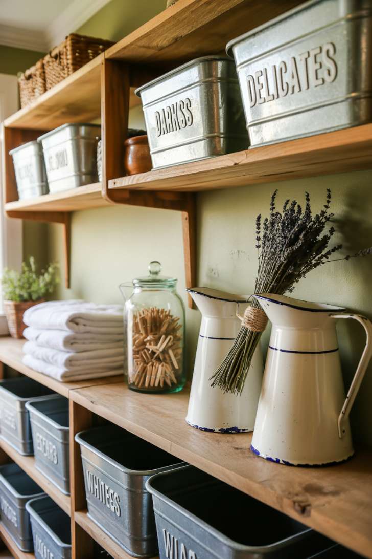 12 Timeless Vintage Laundry Room Decor Ideas to Steal Now 5 Reclaimed wood open shelves in a vintage laundry room styled with galvanized metal bins, enamelware pitchers, and glass jars