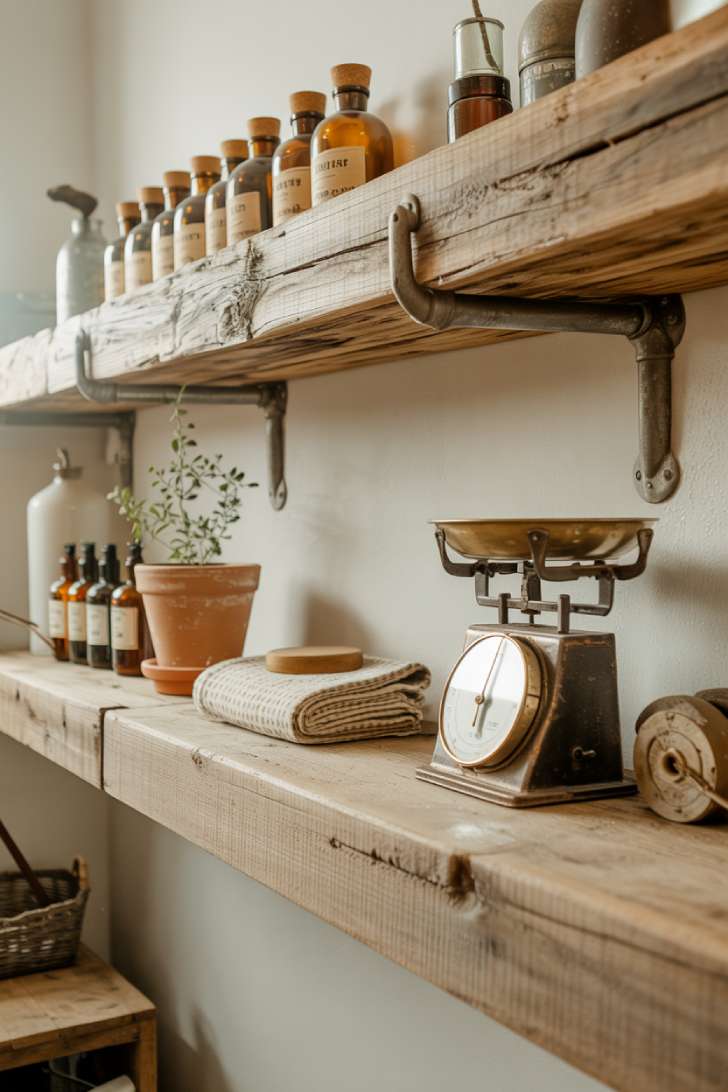 12 Timeless Vintage Laundry Room Decor Ideas to Steal Now 6 Thick reclaimed wood floating shelves with iron pipe brackets in a vintage laundry room styled with amber glass bottles and an antique scale