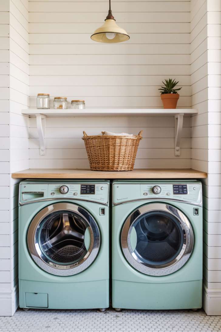12 Timeless Vintage Laundry Room Decor Ideas to Steal Now 7 Mint green vintage-style washer and dryer with chrome accents under a white countertop in a shiplap laundry room with penny tile flooring