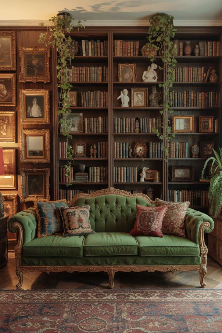 13 Fierce Vintage Maximalist Decor Ideas for a Bolder Space 1 Victorian-era living room with emerald velvet sofa, floor-to-ceiling bookshelves, and salon-style gallery wall